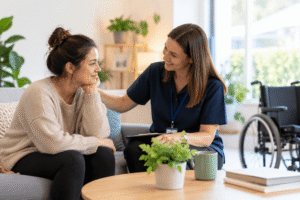 NDIS mental health support with a caregiver providing emotional support at home