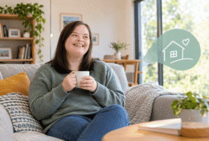 Woman with disability relaxing in a comfortable home